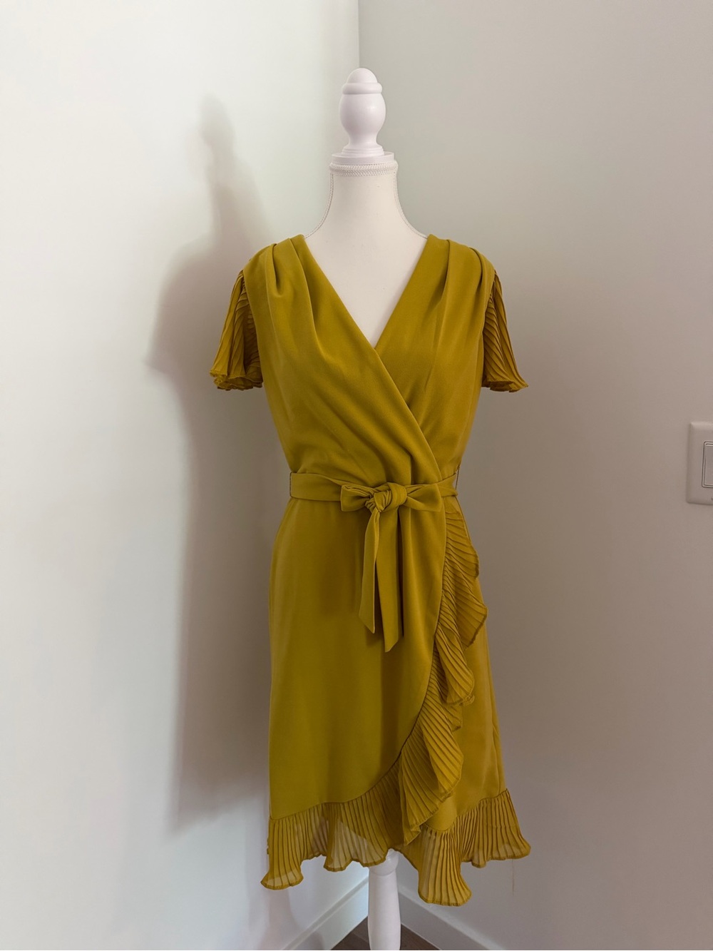 Shelby & Palmer Mustard Wrap Dress with Pleated Ruffle size M